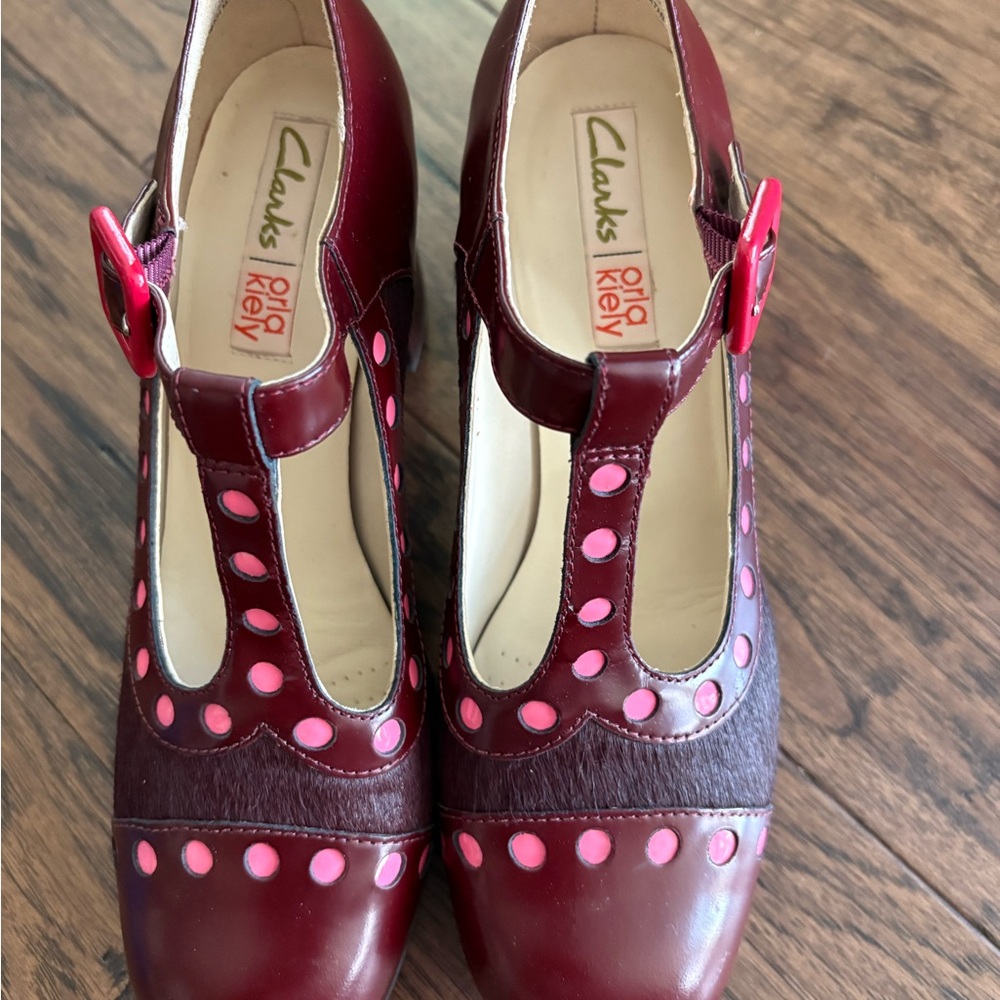 Clarks Maroon and Pink T-Strap Heels